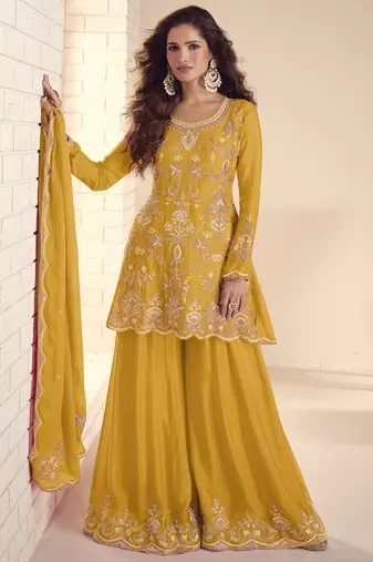 Yellow chinon silk embroidered plazzo suit