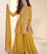 Yellow chinon silk embroidered Palazzo suit