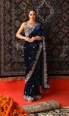 Navy Blue Sequence & Zari Thread Embroidery Work Saree with Ustitched Blouse 1