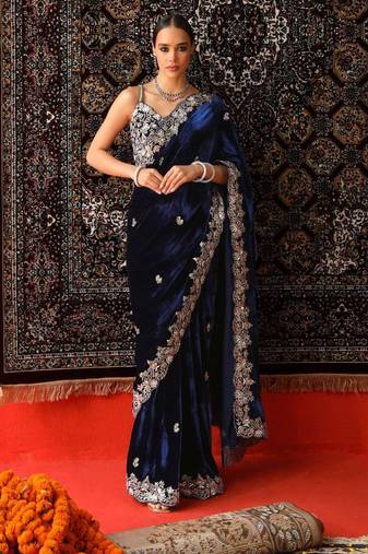 Navy Blue Sequence & Zari Thread Embroidery Work Saree with Ustitched Blouse