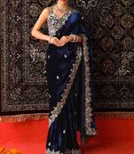 Navy Blue Sequence & Zari Thread Embroidery Work Saree with Ustitched Blouse