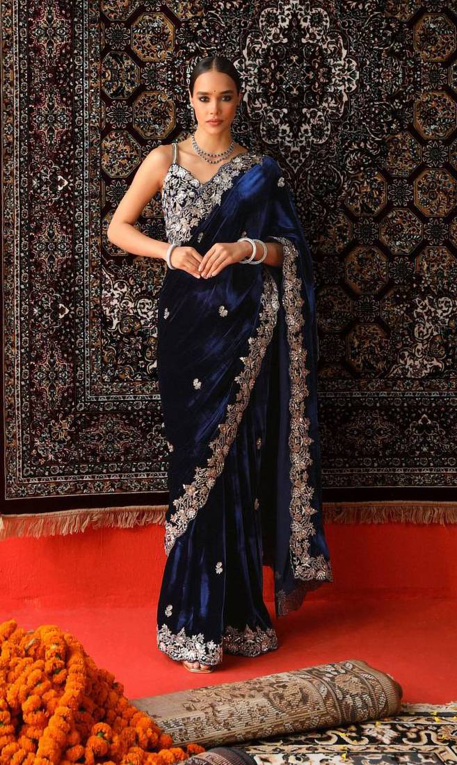 Navy Blue Sequence & Zari Thread Embroidery Work Saree with Ustitched Blouse