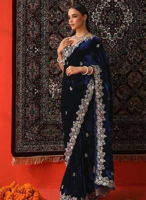 Navy Blue Sequence & Zari Thread Embroidery Work Saree with Ustitched Blouse 2