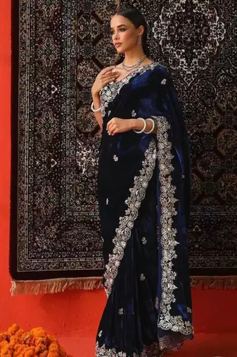 Navy Blue Sequence & Zari Thread Embroidery Work Saree with Ustitched Blouse