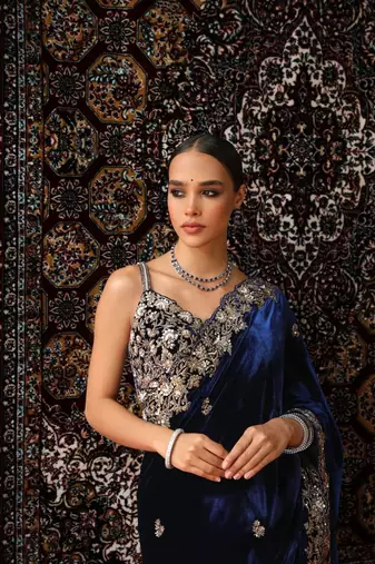 Navy Blue Sequence & Zari Thread Embroidery Work Saree with Ustitched Blouse