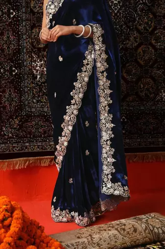 Navy Blue Sequence & Zari Thread Embroidery Work Saree with Ustitched Blouse