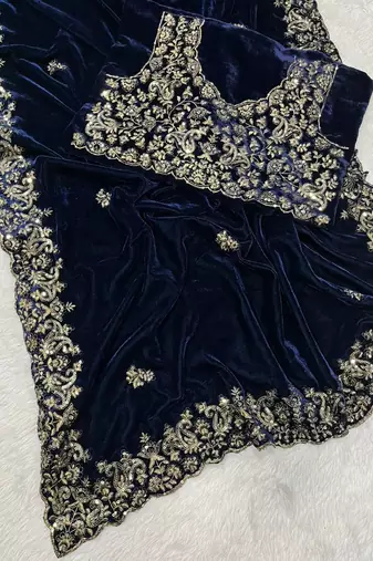 Navy Blue Sequence & Zari Thread Embroidery Work Saree with Ustitched Blouse
