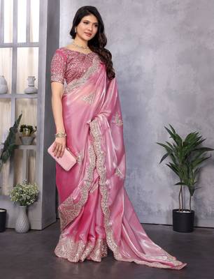 Baby pink embroidery work shimmer chiffon saree with unstitched blouse 1
