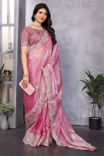 Baby pink embroidery work shimmer chiffon saree with unstitched blouse