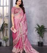 Baby pink embroidery work shimmer chiffon saree with unstitched blouse