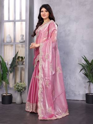 Baby pink embroidery work shimmer chiffon saree with unstitched blouse 3