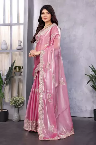Baby pink embroidery work shimmer chiffon saree with unstitched blouse