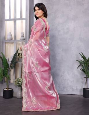 Baby pink embroidery work shimmer chiffon saree with unstitched blouse 4