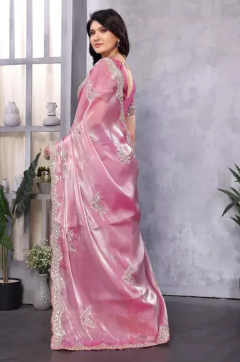 Baby pink embroidery work shimmer chiffon saree with unstitched blouse