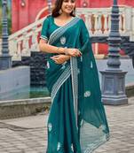 Rama embroidery work shimmer chiffon saree with unstitched blouse