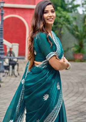 Rama embroidery work shimmer chiffon saree with unstitched blouse 2