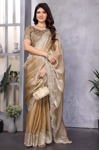Beige embroidery work shimmer chiffon saree with unstitched blouse