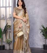 Beige embroidery work shimmer chiffon saree with unstitched blouse