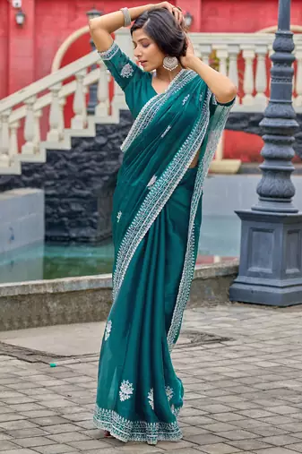 Rama embroidery work shimmer chiffon saree with unstitched blouse