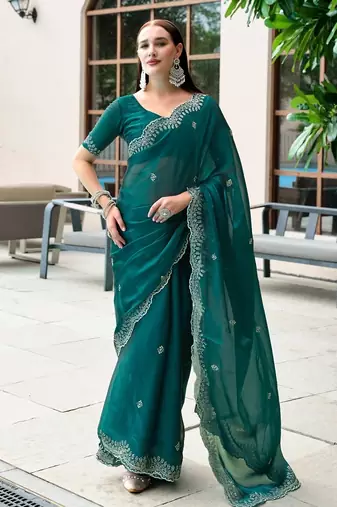 Rama embroidery work shimmer chiffon saree with unstitched blouse