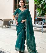 Rama embroidery work shimmer chiffon saree with unstitched blouse