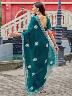 Rama embroidery work shimmer chiffon saree with unstitched blouse 4