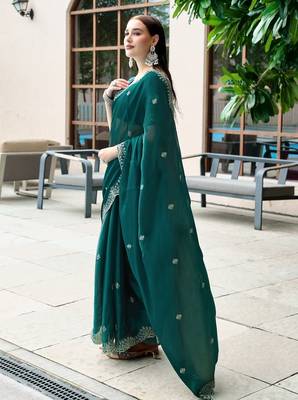Rama embroidery work shimmer chiffon saree with unstitched blouse 3