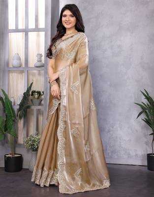 Beige embroidery work shimmer chiffon saree with unstitched blouse 3