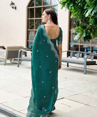 Rama embroidery work shimmer chiffon saree with unstitched blouse 4