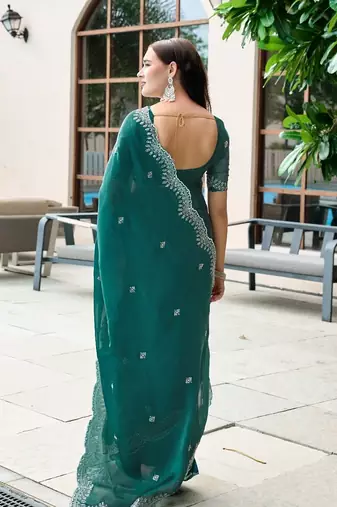 Rama embroidery work shimmer chiffon saree with unstitched blouse