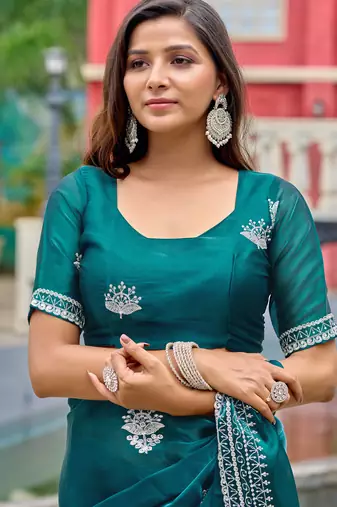 Rama embroidery work shimmer chiffon saree with unstitched blouse