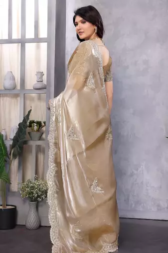 Beige embroidery work shimmer chiffon saree with unstitched blouse
