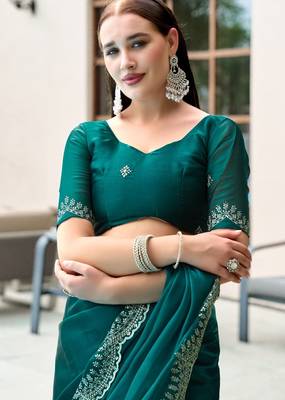 Rama embroidery work shimmer chiffon saree with unstitched blouse 5