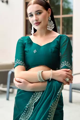 Rama embroidery work shimmer chiffon saree with unstitched blouse