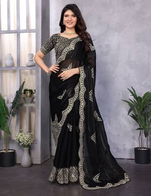 Black embroidery work shimmer chiffon saree with unstitched blouse 1