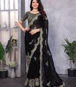 Black embroidery work shimmer chiffon saree with unstitched blouse