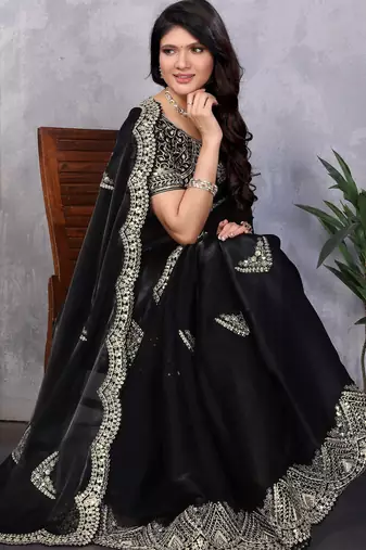 Black embroidery work shimmer chiffon saree with unstitched blouse
