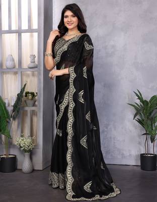 Black embroidery work shimmer chiffon saree with unstitched blouse 3