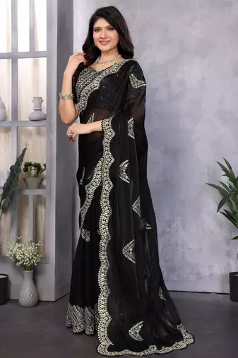 Black embroidery work shimmer chiffon saree with unstitched blouse