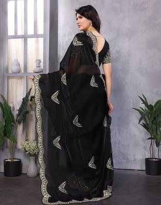 Black embroidery work shimmer chiffon saree with unstitched blouse 4
