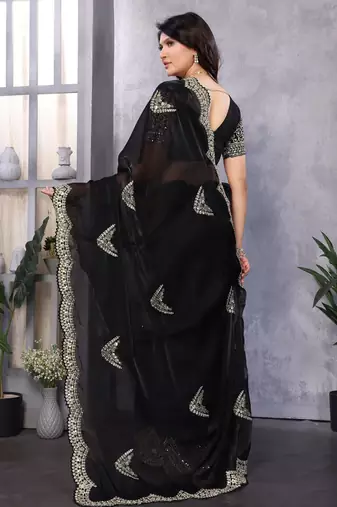 Black embroidery work shimmer chiffon saree with unstitched blouse