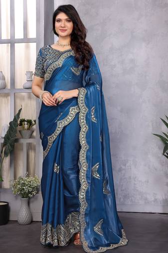 Blue embroidery work shimmer chiffon saree with unstitched blouse