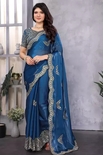 Blue embroidery work shimmer chiffon saree with unstitched blouse