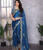 Blue embroidery work shimmer chiffon saree with unstitched blouse