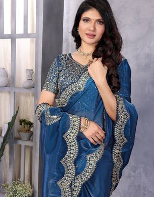 Blue embroidery work shimmer chiffon saree with unstitched blouse 2