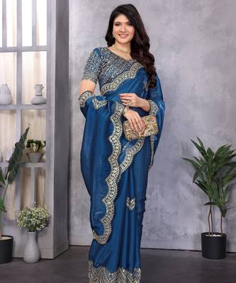 Blue embroidery work shimmer chiffon saree with unstitched blouse 3