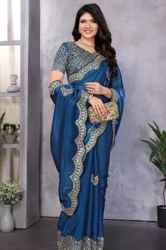 Blue embroidery work shimmer chiffon saree with unstitched blouse