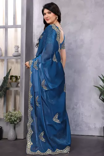 Blue embroidery work shimmer chiffon saree with unstitched blouse