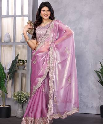 Lavender embroidery work shimmer chiffon saree with unstitched blouse 1