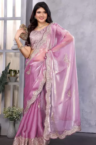 Lavender embroidery work shimmer chiffon saree with unstitched blouse